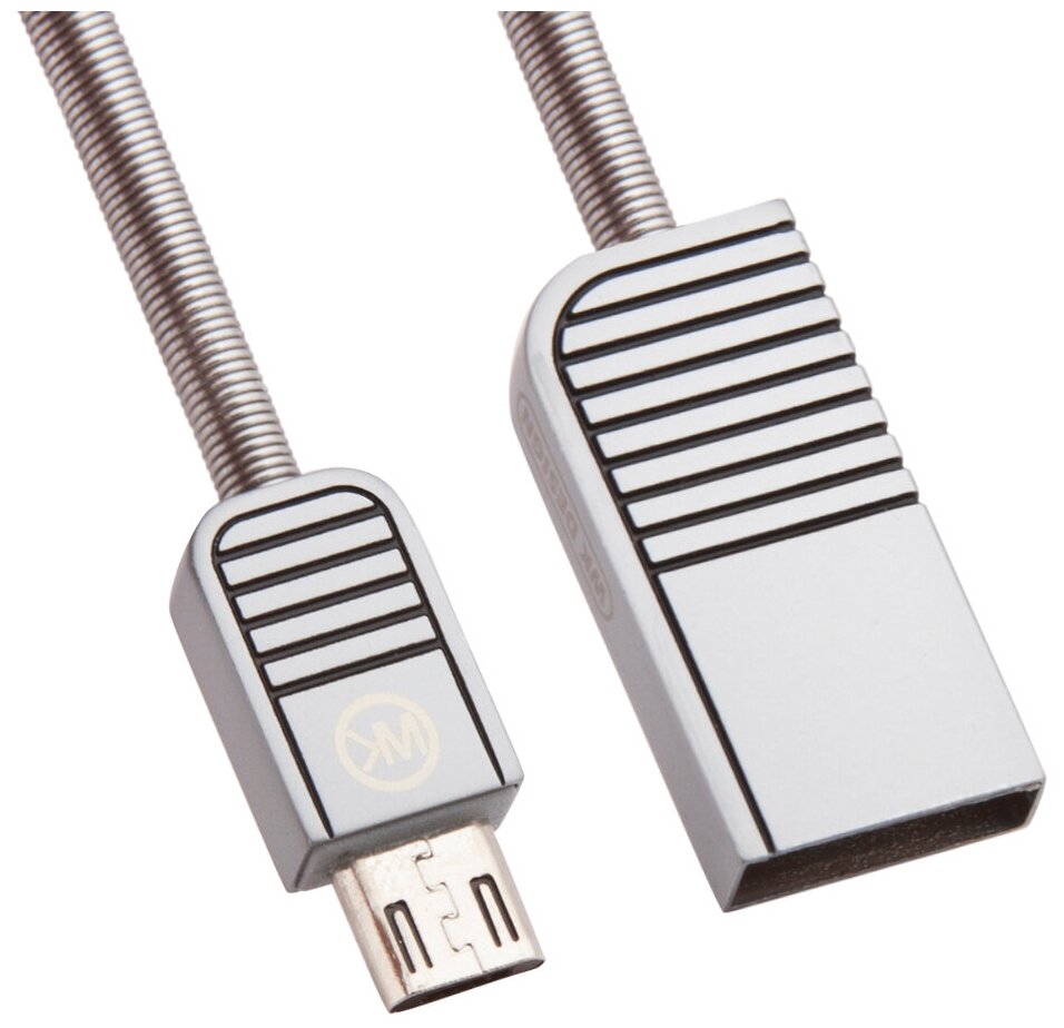 USB кабель WK Lion WDC-026m для зарядки, передачи данных, MicroUSB, 2.4А, 1м, металл, серебряный