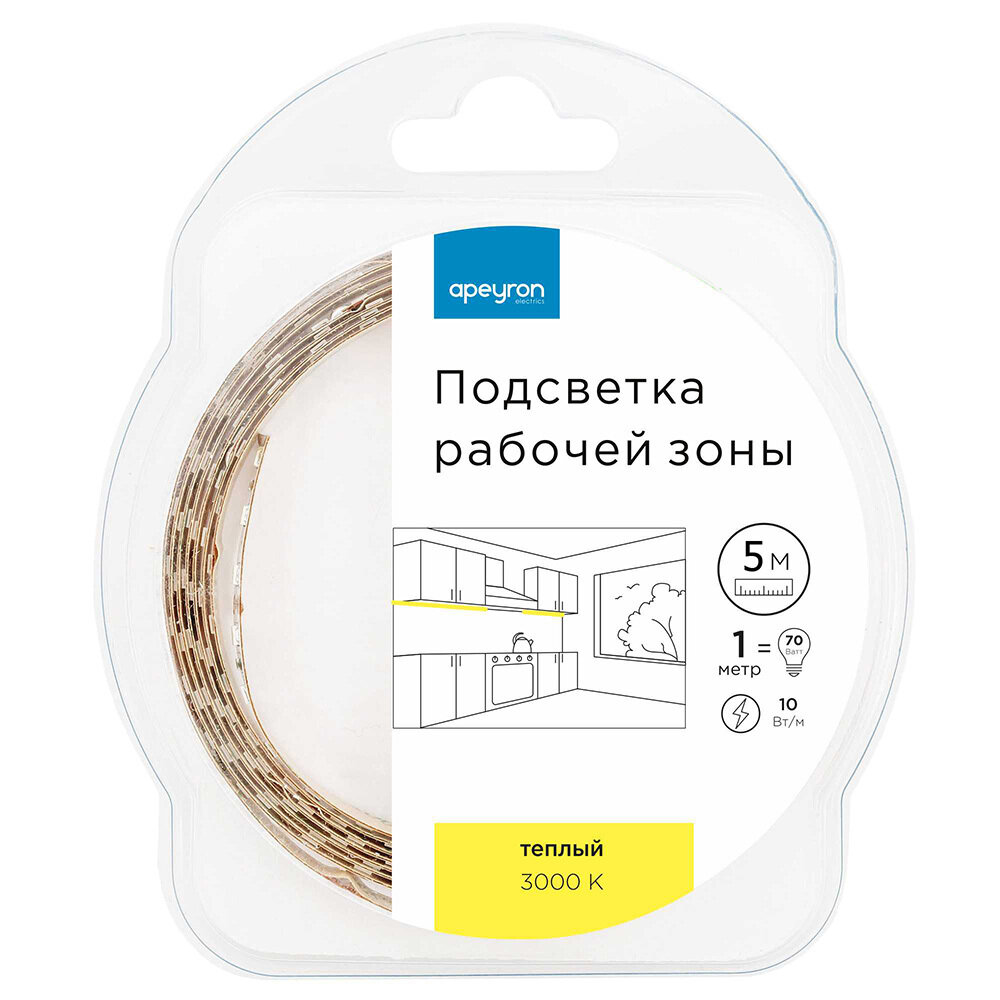 Комплект светодиодной ленты Apeyron 5050 60 диод/14.4 Вт/м 12 В 10 мм IP20 5 м теплый белый свет - фото №11