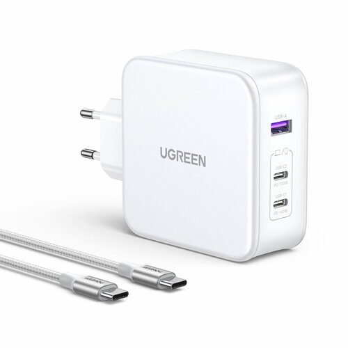 Зарядное устройство UGREEN CD289 (15339) Nexode USB-A+2*USB-C 140W GaN Tech Fast Charger с кабелем USB-C к USB-C. Длина кабеля: 2м. Цвет: белый зарядное устройство usams us cc180 65w acc 3 ports gan fast charger черный