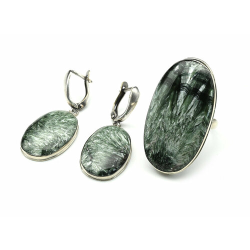 Комплект бижутерии: серьги, кольцо, серафинит, размер кольца 19, зеленый