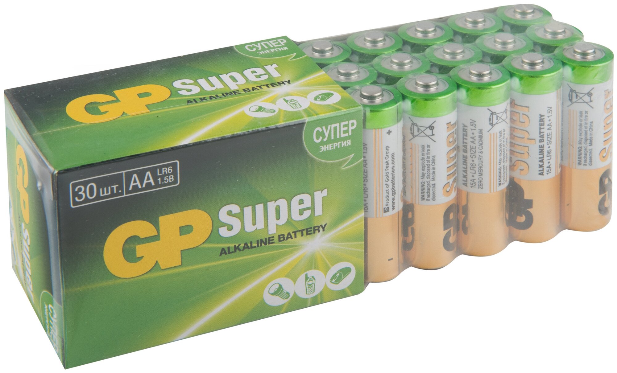 Щелочные батарейки GP Super Alkaline, АА (LR6), 30 шт в упаковке (15A-2CRVS30)