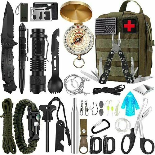 Тревожный тактический военный рюкзак для выживания 31 предмет / Комплект мультитул, спортивный походный туристический мужской набор для туризма и походов