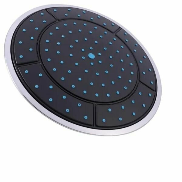 фото 240 мм Лейка душевой кабины верхняя потолочная. Тропический дождь черный с хромированным глянцевым ободком, 105 шт. самоочищаемых резиновых сопел, втулка и гайка в комплекте