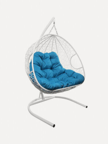 Изображение товара Подвесное кресло кокон двухместное M-group для двоих с ротангом белое+голубая подушка