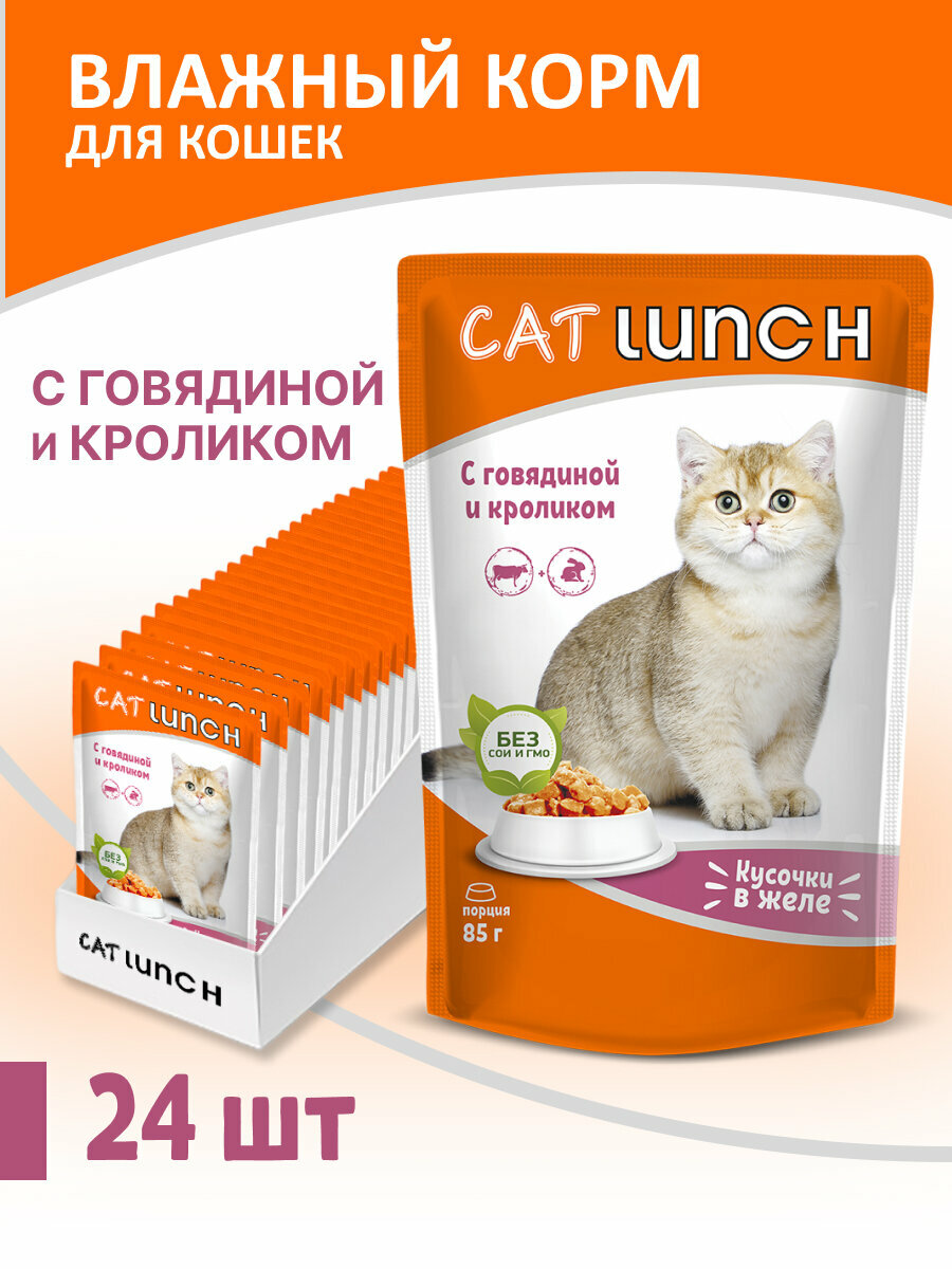 Влажный корм для кошек Cat Lunch кусочки в желе Говядина и Кролик, пауч 85гх24шт - фотография № 5