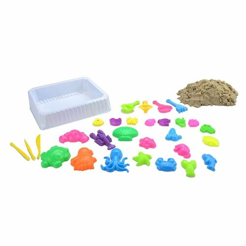 Кинетический песок 1 кг с песочницей для детей, набор для лепки: 22 формочки и 3 стека, лопатка, грабли, лейка и сито, 1045