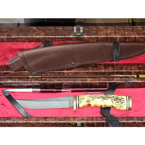 фото Нож туристический тигр разделочный в чехле ножнах и подарочный кожаный футляр , ручка нож. (сталь65х13: модель 5) кизляр