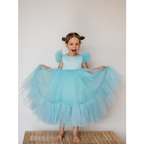 фото Платье-ампир нарядное, однотонное, размер 122-128, голубой роскошь с детства