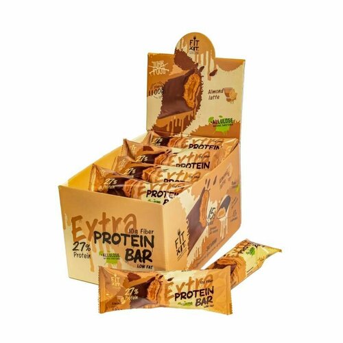 фото Батончики протеиновые глазированные без сахара extra protein bar fitkit, 20 шт по 55 г, вкус: миндальный латте