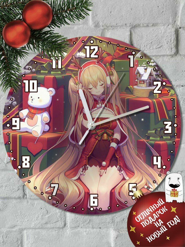 Настенные часы УФ "Новый год Девушка (кавай, аниме, тян, плюшевый мишка, подарки) - 6037"