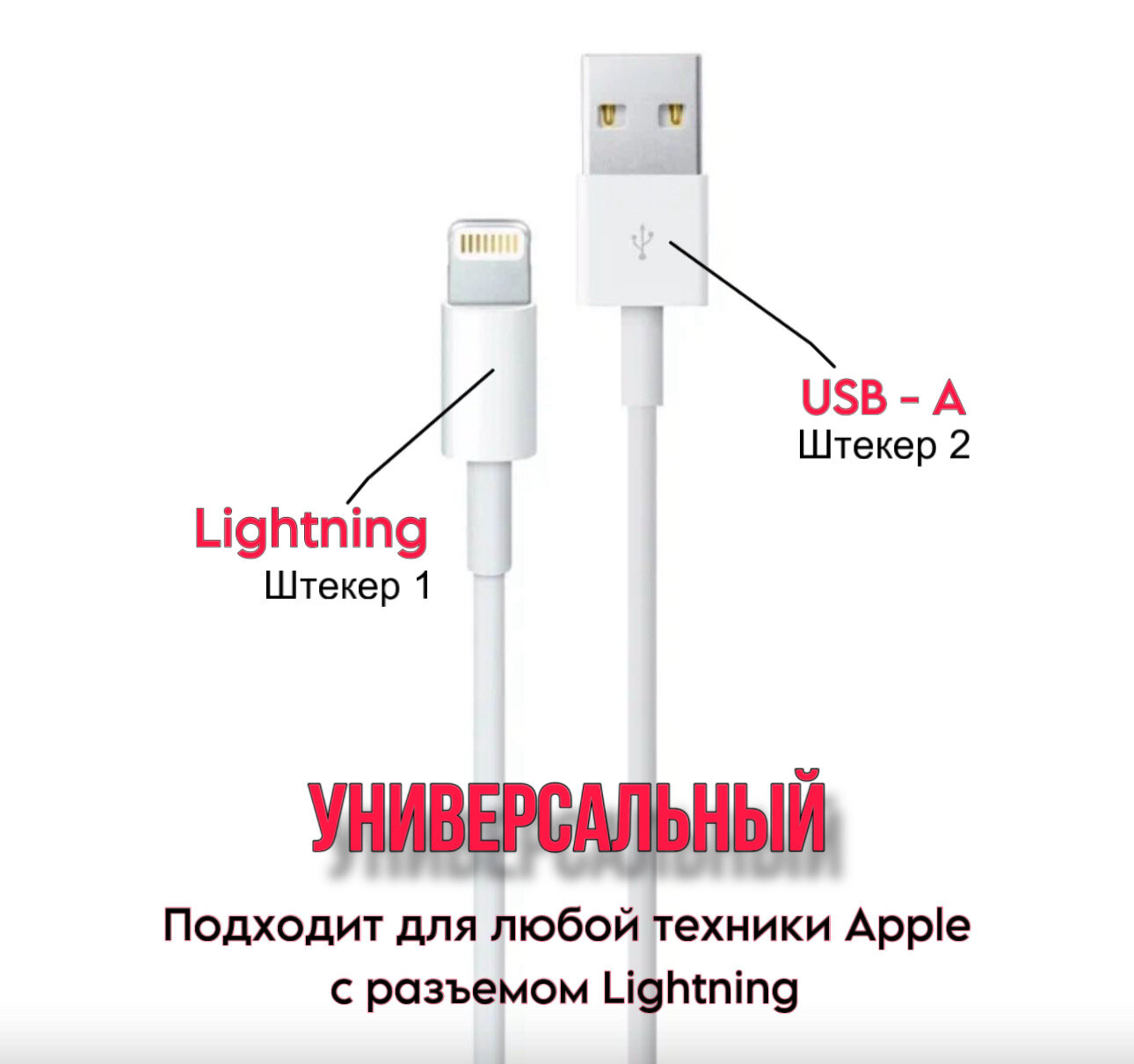 Кабель USB - Lightning для зарядки Apple iPhone, iPad, iPod, провод для айфона 1 метр, белый — фото 1