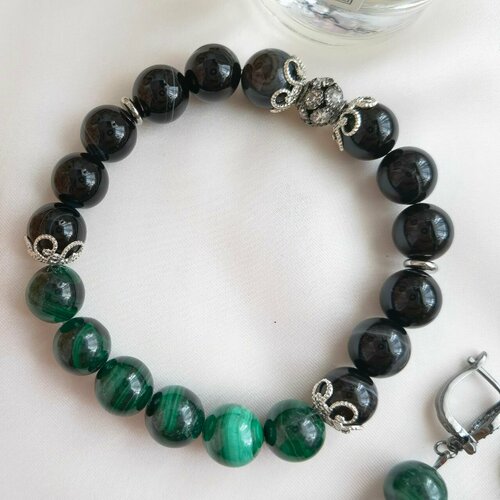фото Браслет, малахит, агат, размер 18 см, размер m камни елены