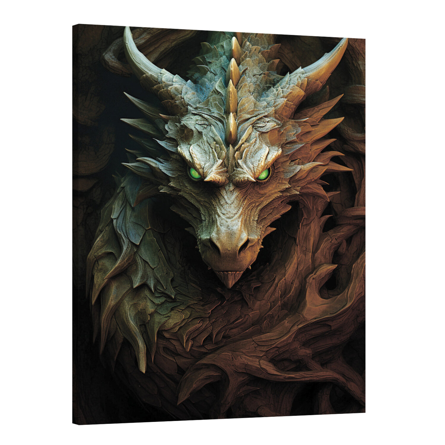 Интерьерная картина 50х70 "Деревянный дракон: воплощение стихии"