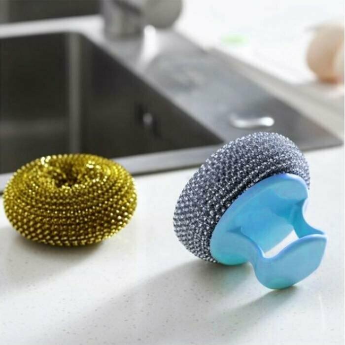 фото Мочалка щетка металлическая с держателем 2 шт, голубой