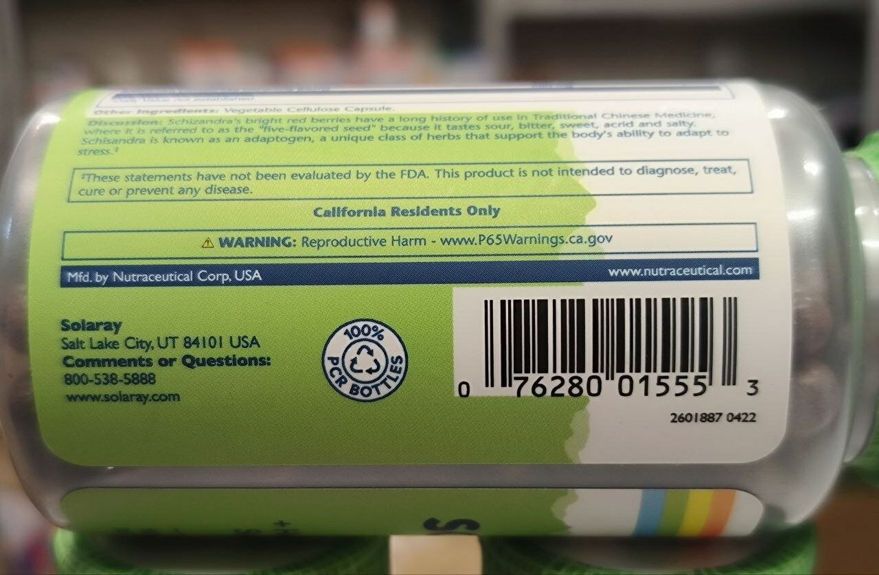 Лимонник Solaray Schizandra, 580 mg, 100 веганских капсул — фото 1