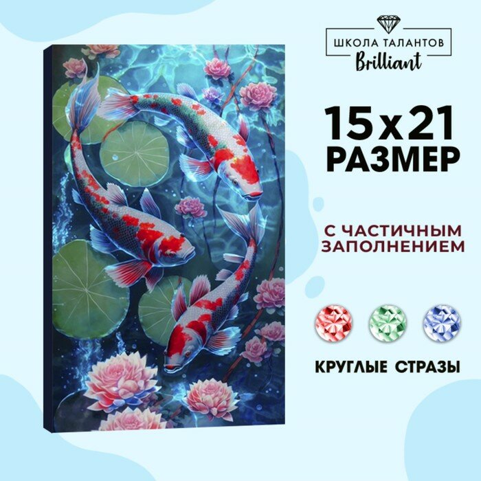 Алмазная вышивка с частичным заполнением на холсте «Карпы»‎, 15 х 21 см