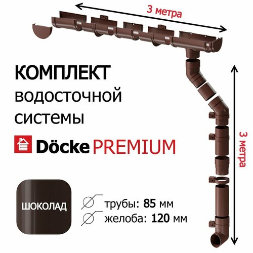 Водосточная система, Docke Premium, 3м/3,3 м, RAL 8019, цвет шоколад, комплект.