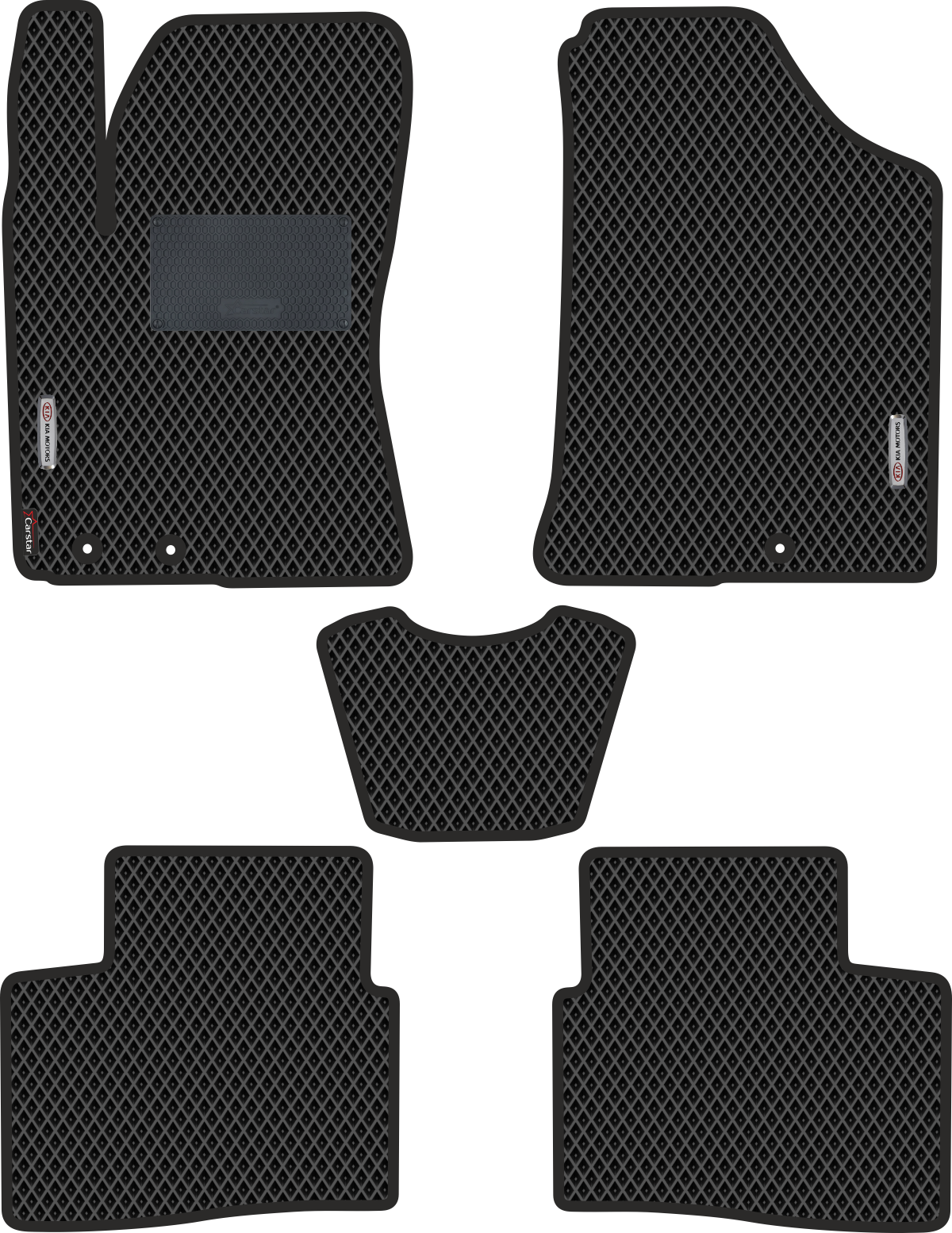 Автомобильные коврики EVA для Kia Cerato II (2008-2013), с каучуковым подпятником и 2 эмблемами Kia, чёрные с чёрным кантом, ячейка - ромб