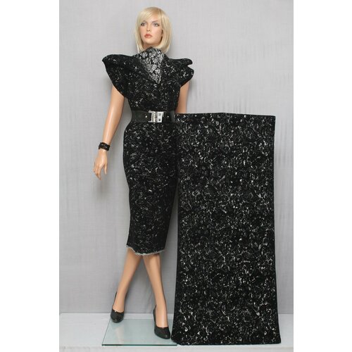 Ткань Жаккард Cadena пальтово-костюмный серебристо-чёрный с флоковым чёрным узором, ш142см, 0,5 м