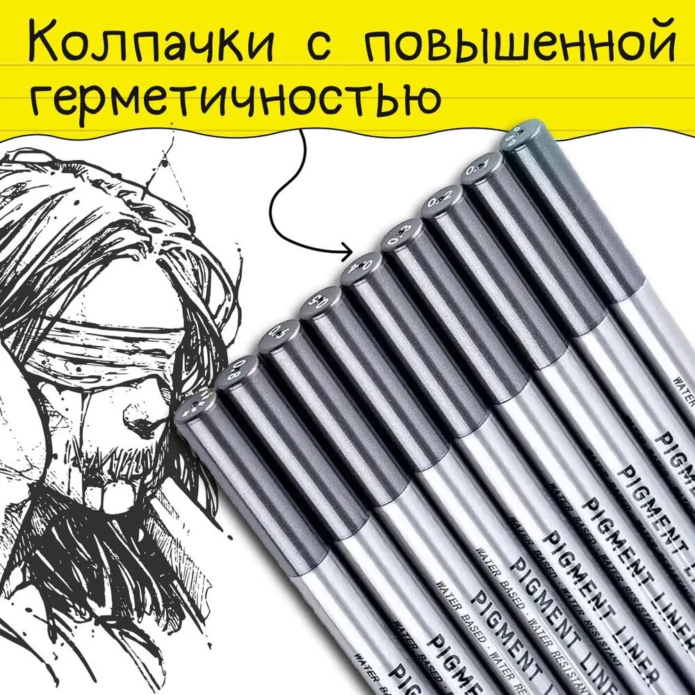 Набор линеров для рисования и скетчинга, черные капиллярные ручки для нейрографики, 9 штук