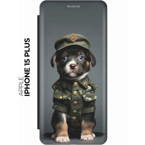 Чехол-книжка на Apple iPhone 15 Plus / Эпл Айфон 15 Плюс с рисунком Щенок-военный черный чехол книжка на apple iphone 15 plus эпл айфон 15 плюс с рисунком allergy w черный