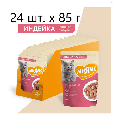 Влажный корм Мнямс Кусочки в соусе с индейкой для выведения шерсти у кошек 24 шт х 85 гр