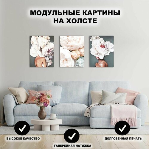 Картина модульная интерьерная на стену на холсте Нежные цветы, Пространство интерьера, 3шт. 30х40