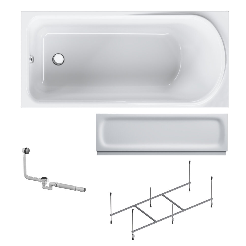 фото Ванна акриловая AM.PM Like 150x70 комплект 4в1 ванна, каркас, фронтальная панель и слив-перелив черный, увеличенный внутренний объем, усиленный корпус