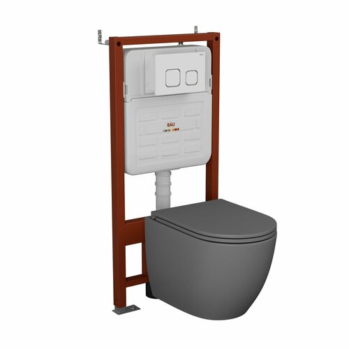 Комплект BAU 6 в 1: усиленная инсталляция BAU IDEAL, унитаз подвесной безободковый торнадо обратного потока Bau Dream Hurricane-2 темно-серый матовый, сиденье микролифт, клавиша BAU Strike, белая/хром