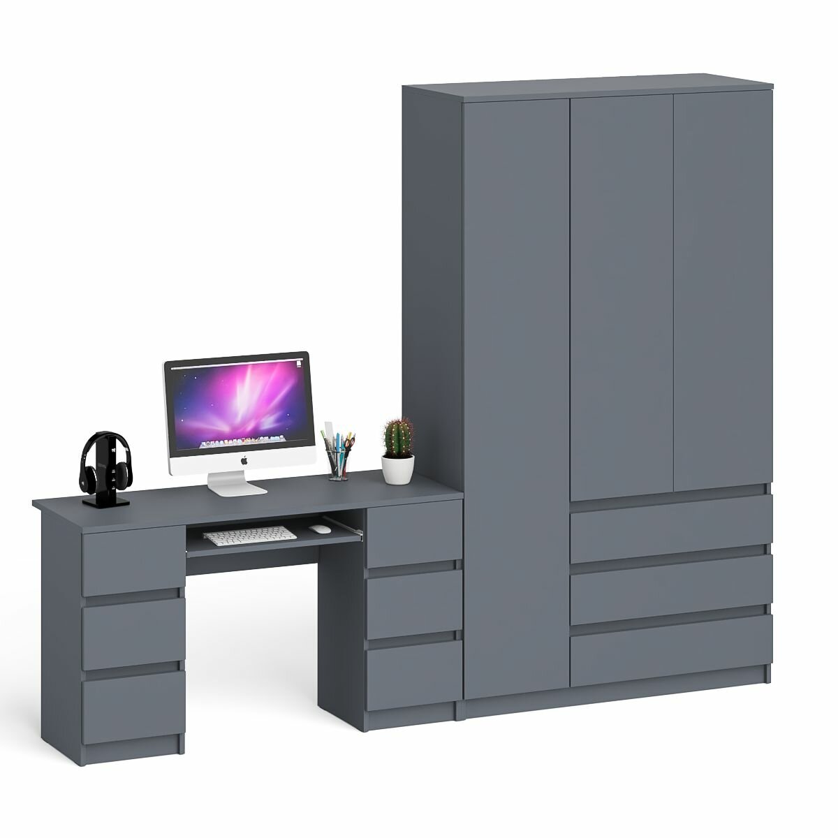 Стол компьютерный СВК Мори 2-х тумбовый со шкафом-комодом цвет графит, 255,8х50,4х209,6 см.