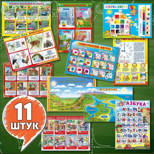 Детские обучающие плакаты (11 штук - А3 формат) для дошкольников начальной школы, детей дошкольного возраста.