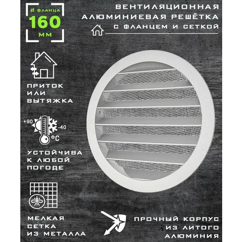 Решётка круглая алюминиевая с металлической сеткой с фланцем 160 мм 790₽