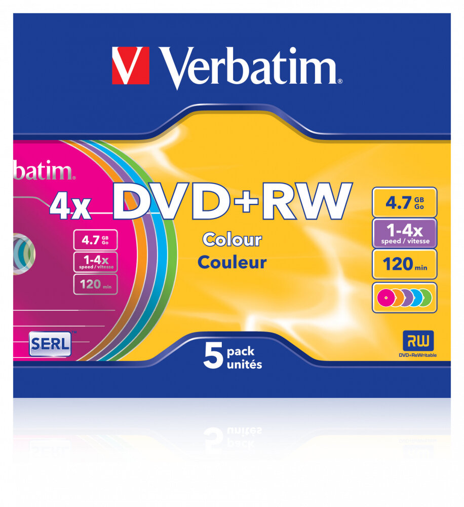 Диск DVD+RW Verbatim 4.7Gb 4x Colours, 5 шт.