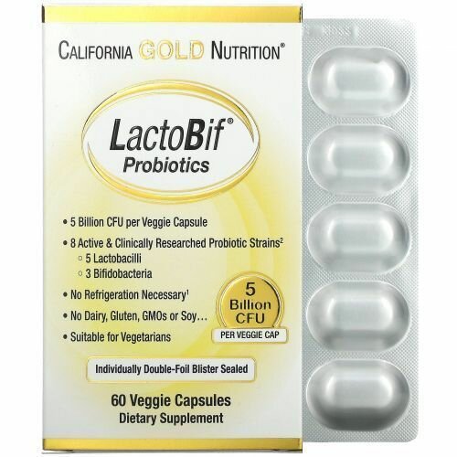 California Gold Nutrition, Пробиотики LactoBif, 5 млрд КОЕ, 60 овощных капсул