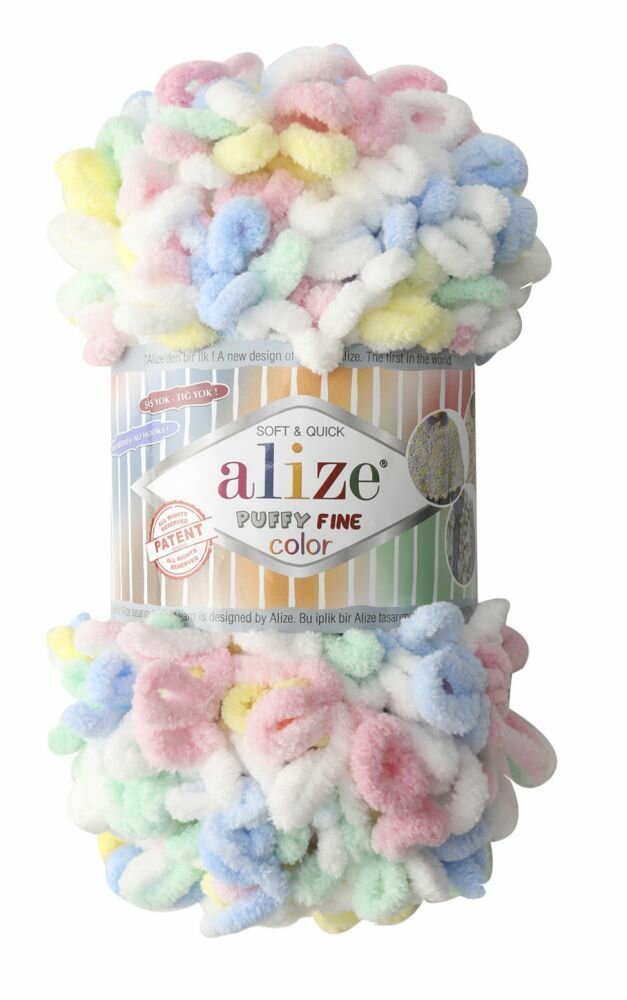 Пряжа Alize Puffy fine color белый-розовый-голубой-желтый-водяная зелень (5949), 100%микрополиэстер, 14.5м, 100г, 5шт