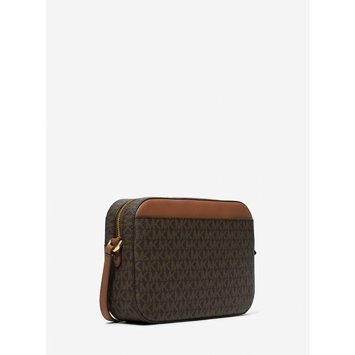 фото Сумка кросс-боди michael kors michael kors jet set large logo crossbody bag brown (михаэль корс сумка с лого через плечо золотая фурнитура с карманом на молнии коричневая), фактура рельефная, матовая, коричневый