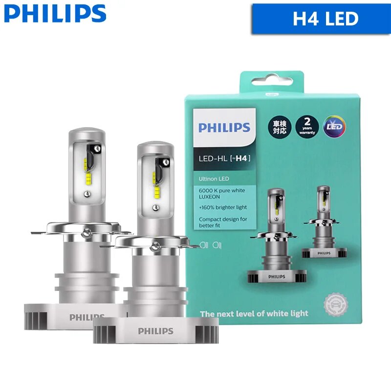 Светодиодные лампы Philips H1 H4 H7 H8 H11 H16 HB3 HB4 Ultinon LED 6000K, фары холодного белого света + 160% ярких противотуманных фар для автомобиля, компактный дизайн, пара, H4