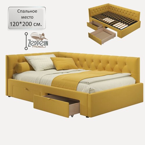 Изображение товара Кровать-тахта Afelia 120х200 желтая с ящиками, мягкая спинка из велюра, с ортопедическими ламелями, с ящиками для хранения