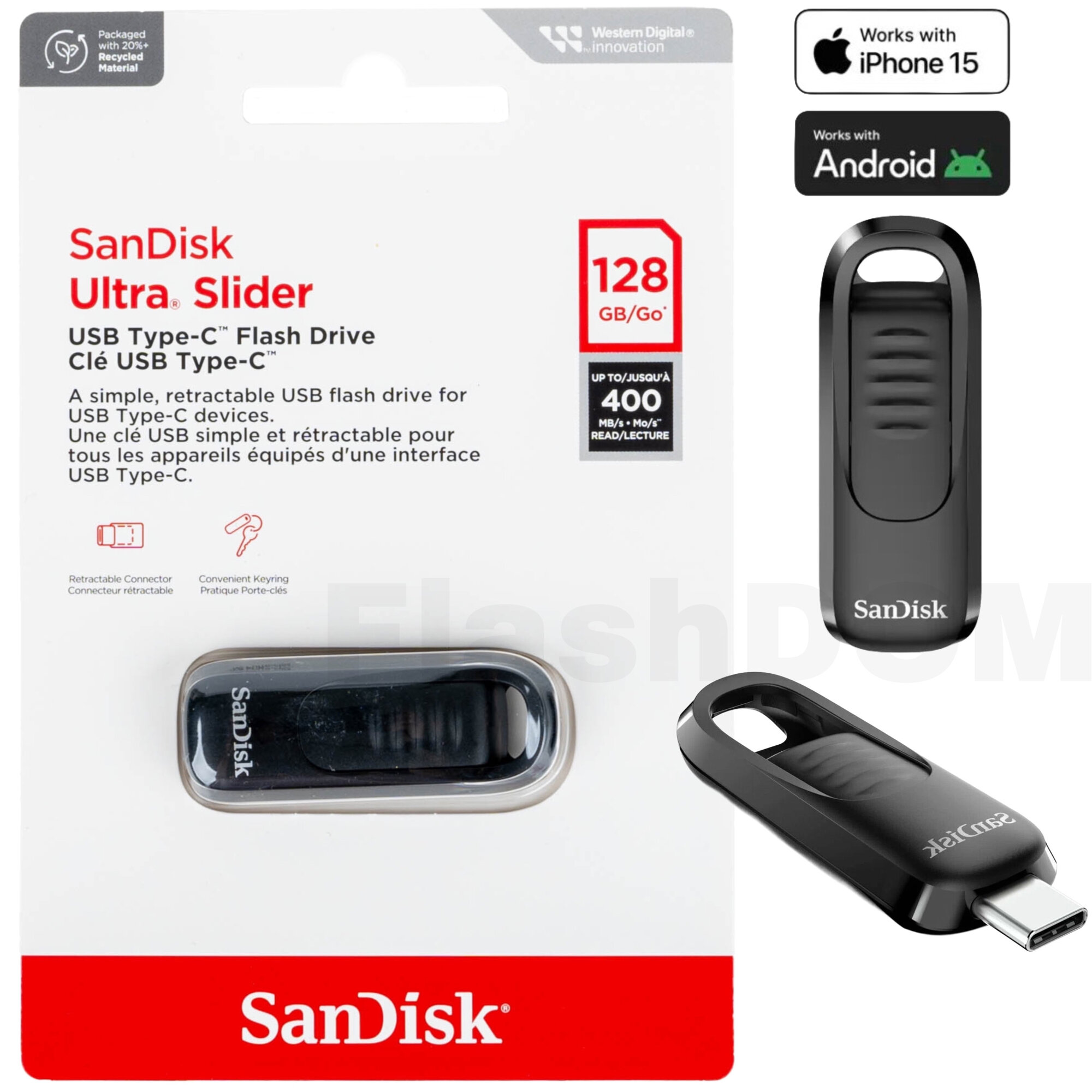 Флеш-накопитель SanDisk 128 ГБ Type C Ultra Slider до 400 Мб/с USB 3.2 Gen 1