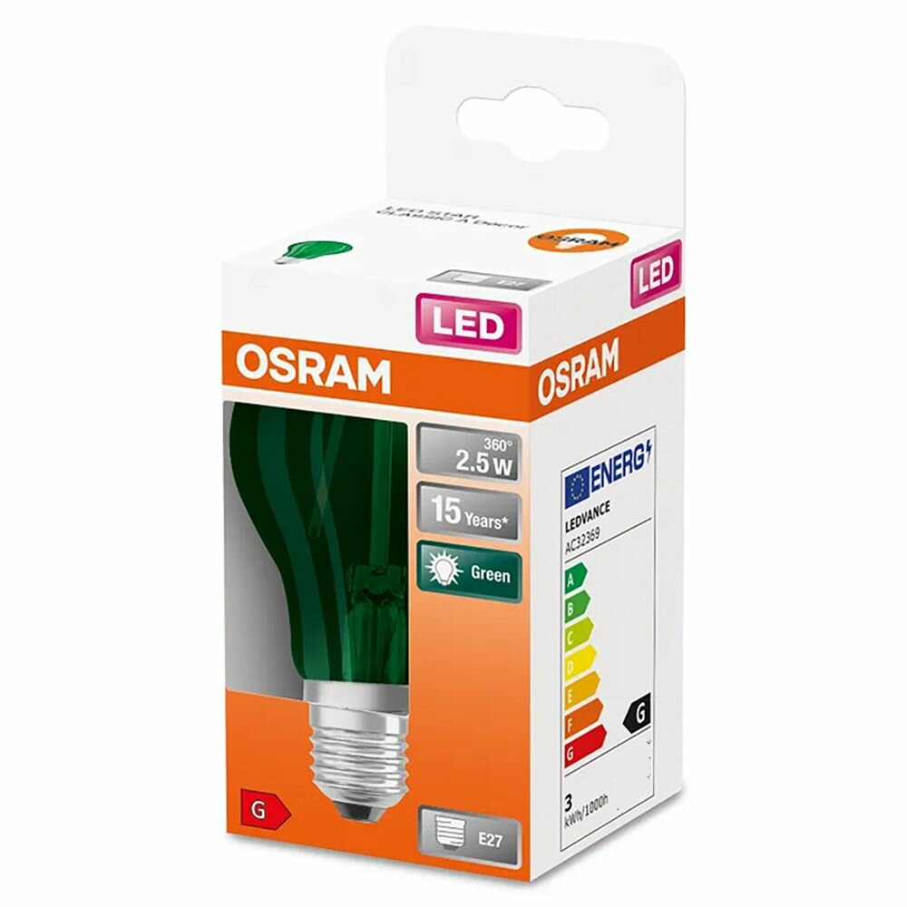 2шт/уп. Лампа LED Груша 2.5W 230V E27 45Лм Угол 300 град. D-60mm L-105mm. Лампа Филамент. Для декора гирлянд белт-лайт Свет Зеленый OSRAM уп. 2шт