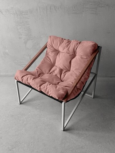 Изображение товара Кресло мягкое удобное для отдыха, уличное, на балкон, на веранду, в стиле лофт, минимализм, Слэш ++ велюр розовый, белый металл