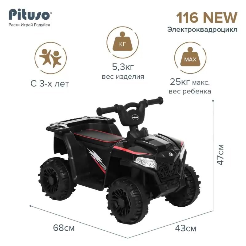 Электромобиль детский, квадроцикл Pituso 116-NEW, батарея 6V/4.5Ah, мотор 20W*1 Black/Черный — фото 1