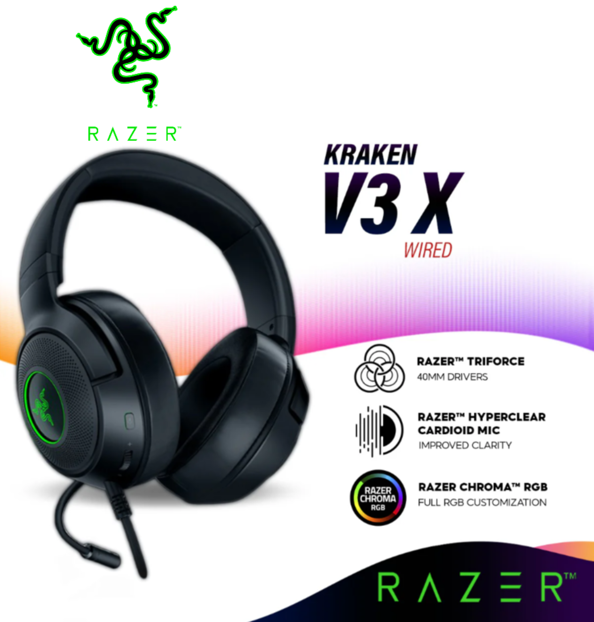 Игровая гарнитура Razer Kraken V3 X (2022) Ultralight +7.1 Virtual, Chroma RGB черный