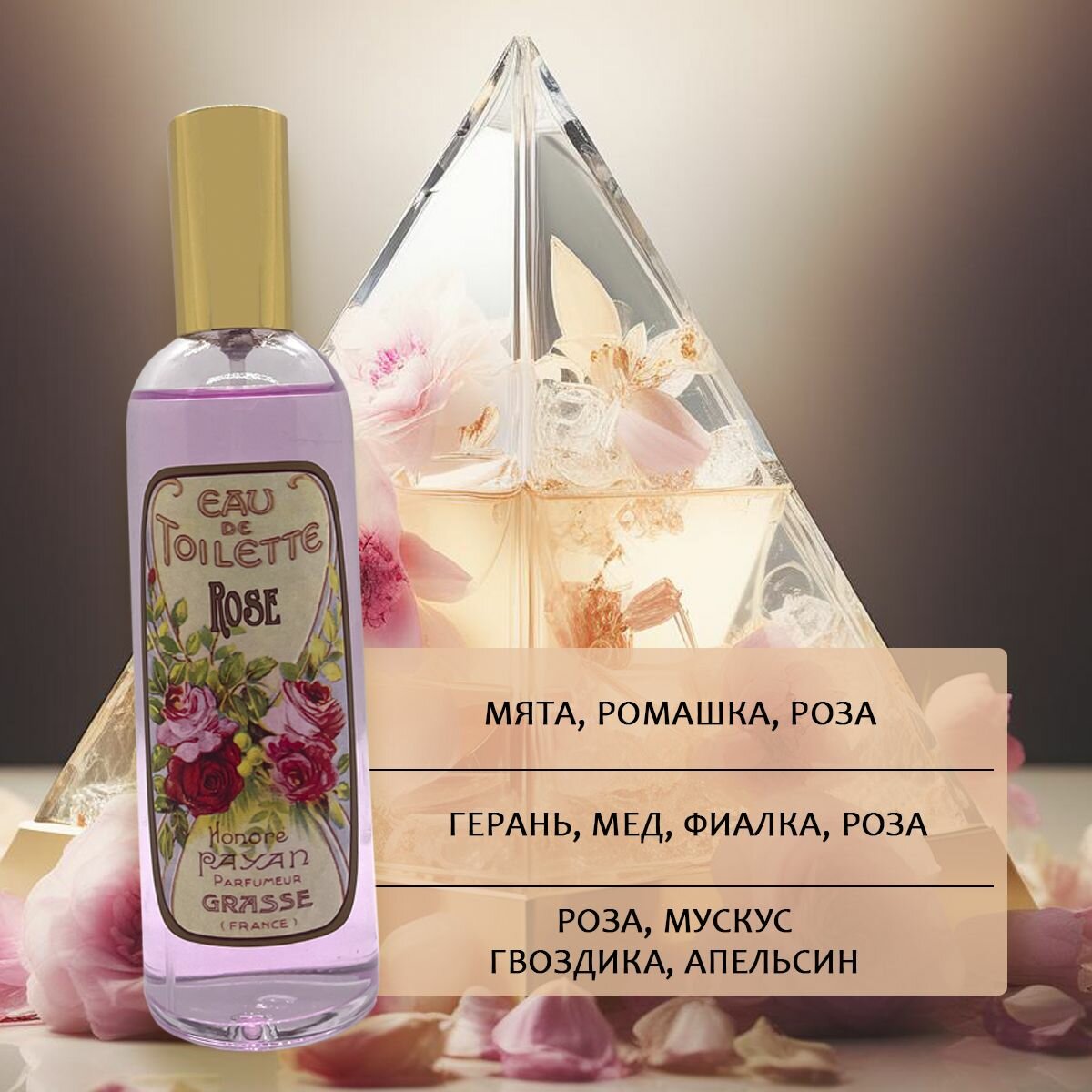 Духи женские парфюмерные французские Honore Payan Rose, туалетная вода Роза, 100 мл