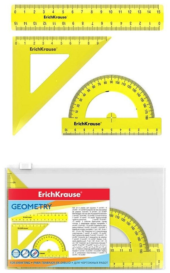 Набор геометрический ErichKrause Neon линейка 15см, угольник 9см/45°, транспортир 180°/10см цвет желтый