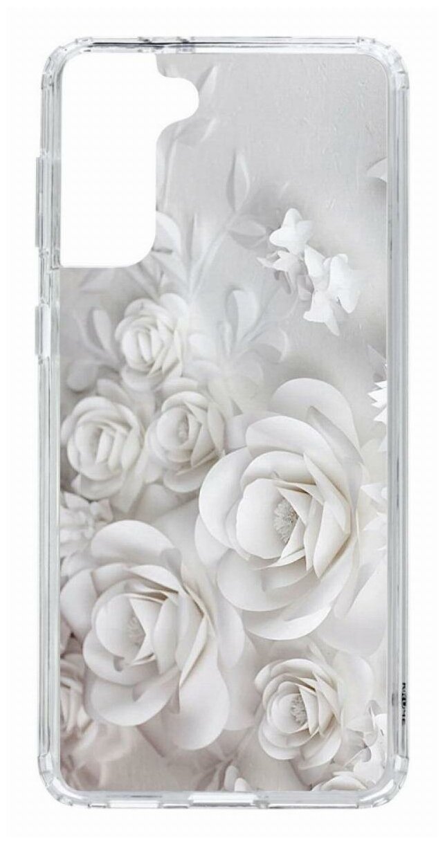 Чехол для Samsung Galaxy S21 Plus Kruche Print White roses, пластиковая накладка, силиконовый бампер с защитой камеры, защитный прозрачный с рисунком