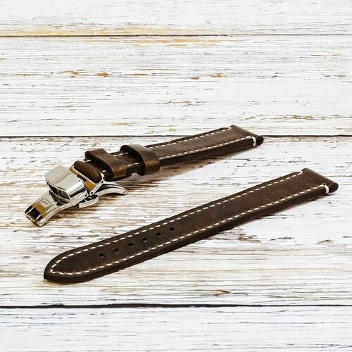 Ремешок Чёрный бык, натуральная кожа, глянцевая, лаковая, гладкая фактура, застежка клипса-бабочка, антибактериальное покрытие, прошитый край, с контрастной строчкой, гипоаллергенный, диаметр шпильки 1.8 мм., размер 18/16 XL, коричневый