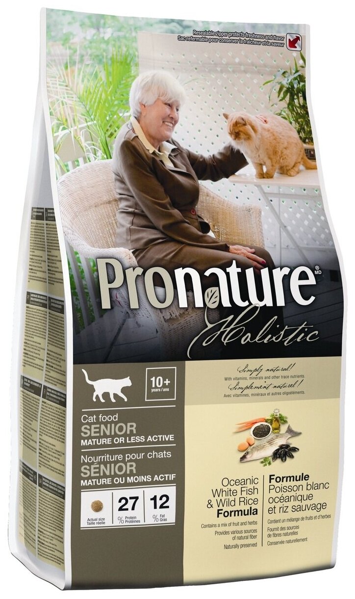 Корм Pronature Holistic Senior Oceanic White Fish & Wild Rice Formula для кошек старше 7 лет, с океанической белой рыбой и рисом, 2.72 кг