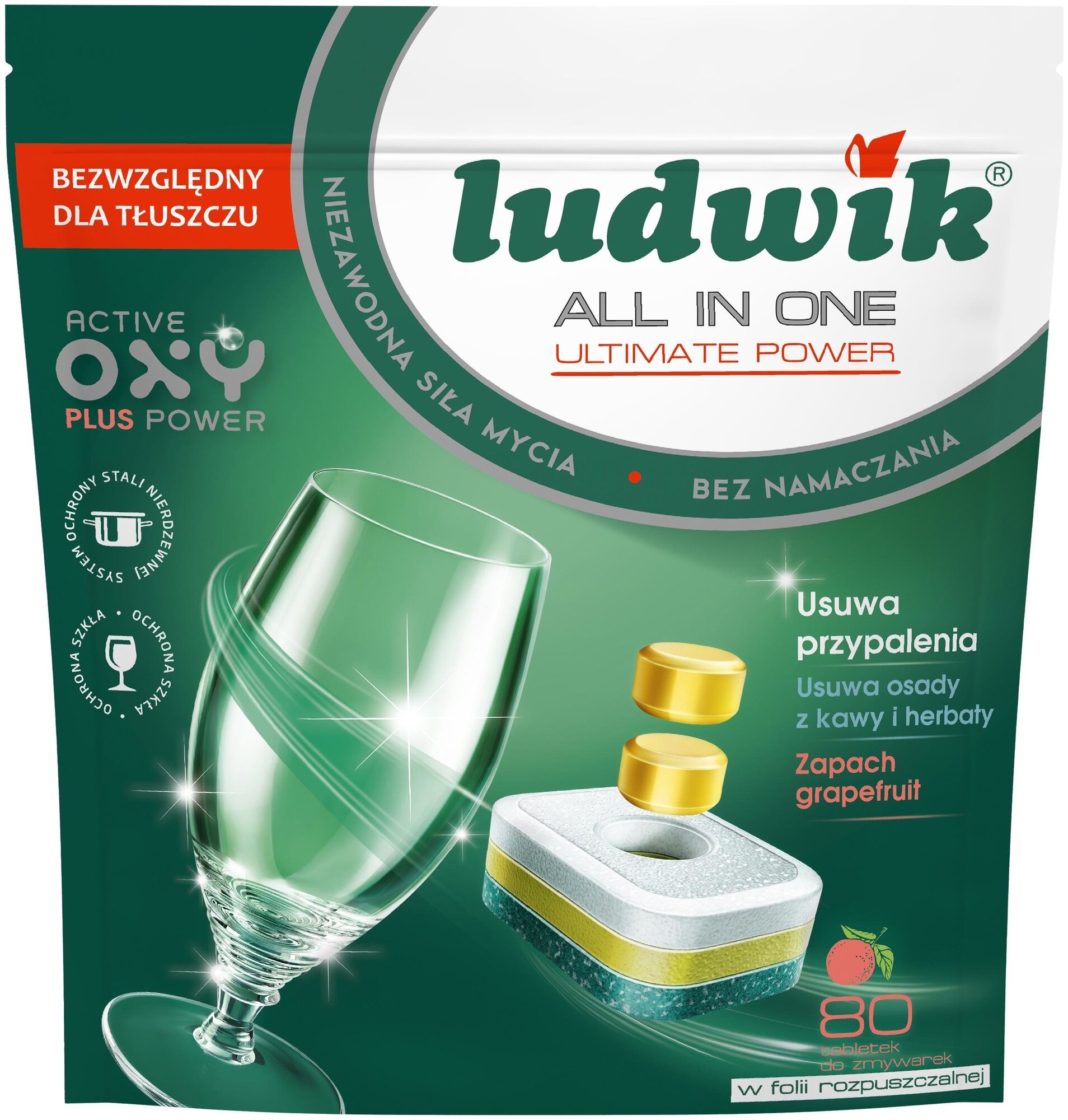 Ludwik ALL in one Active Oxy Plus Power Grapefruit Таблетки для посудомоечных машин в растворимой пленке 80 шт