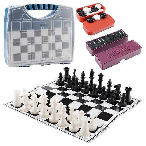 Набор из 3 игр походный-малый в чемоданчике (шахматы обиходные пластик, домино, шашки + 2 доски)